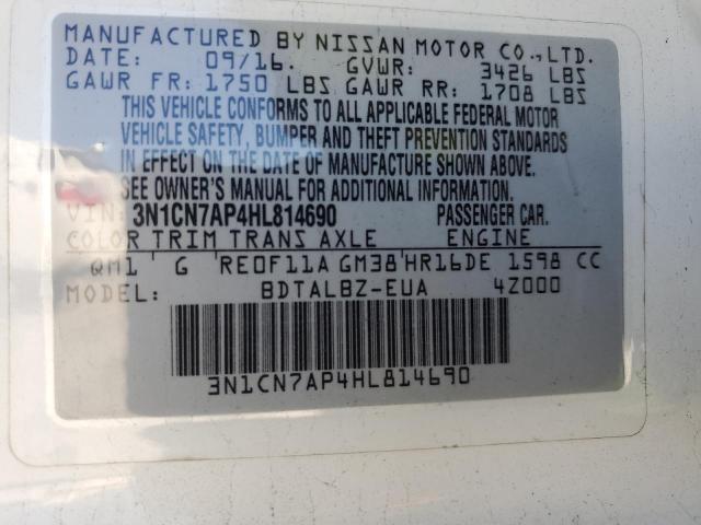 3N1CN7AP4HL814690 - 2017 NISSAN VERSA S WHITE photo 13