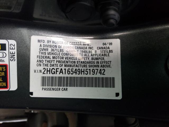 2HGFA16549H519742 - 2009 HONDA CIVIC LX GRAY photo 12