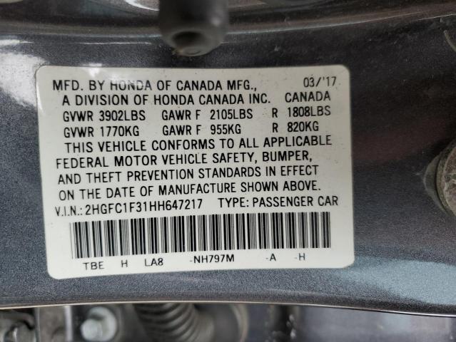 2HGFC1F31HH647217 - 2017 HONDA CIVIC EX GRAY photo 12