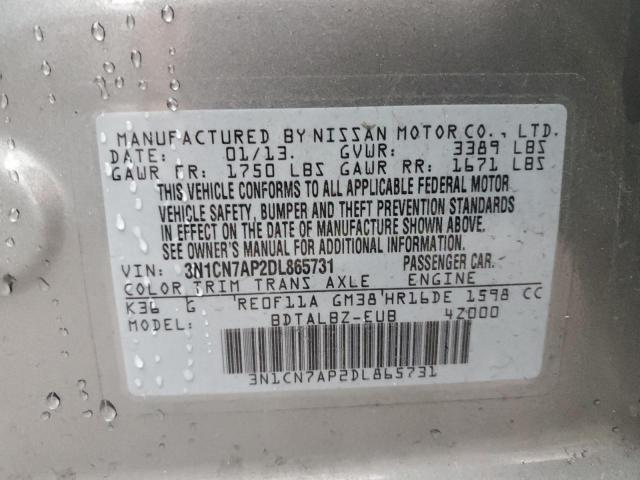 3N1CN7AP2DL865731 - 2013 NISSAN VERSA S GRAY photo 12