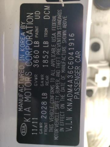 KNADM4A36C6041916 - 2012 KIA RIO LX WHITE photo 12