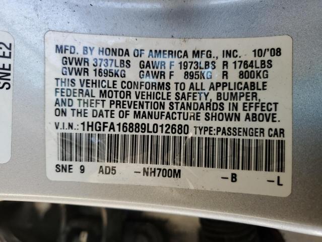 1HGFA16889L012680 - 2009 HONDA CIVIC EX SILVER photo 13