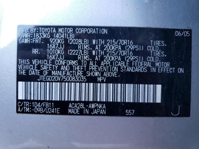 JTEGD20V750083035 - 2005 TOYOTA RAV4 SILVER photo 12