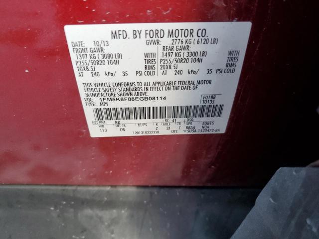 1FM5K8F88EGB08114 - 2014 FORD EXPLORER LIMITED RED photo 14