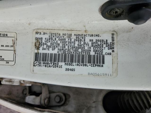 4T1BE32K43U237335 - 2003 TOYOTA CAMRY LE WHITE photo 12