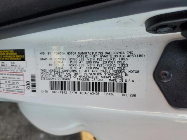 5TETX22N17Z378402 - 2007 TOYOTA TACOMA ACCESS CAB Ақ фото 12