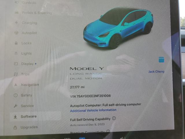 7SAYGDEE3NF351006 - 2022 TESLA MODEL Y BLUE photo 9