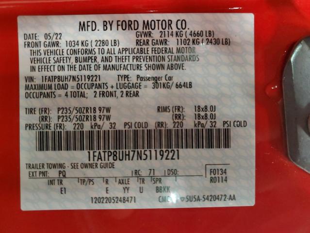 1FATP8UH7N5119221 - 2022 FORD MUSTANG RED photo 13