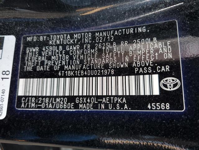 4T1BK1EB4DU021978 - 2013 TOYOTA AVALON BASE 黑色 照片 12