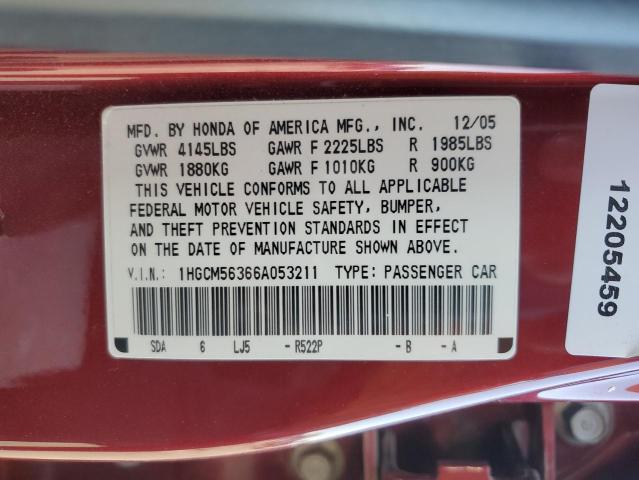 1HGCM56366A053211 - 2006 HONDA ACCORD SE RED photo 12