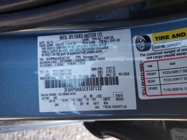 3FAHP0HA5CR107132 - 2012 FORD FUSION SE GRAY photo 13