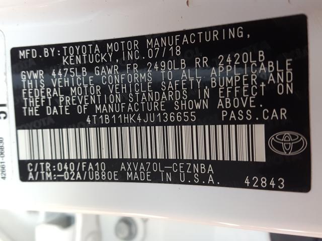 4T1B11HK4JU136655 - 2018 TOYOTA CAMRY L WHITE photo 10