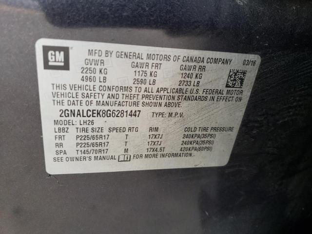 2GNALCEK8G6281447 - 2016 CHEVROLET EQUINOX LT GRAY photo 12