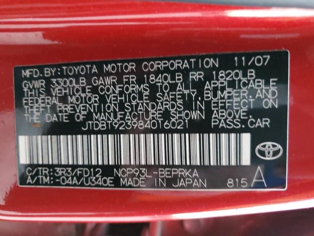 JTDBT923984016021 - 2008 TOYOTA YARIS RED photo 12