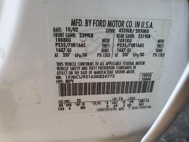 1FMCU93163KB24773 - 2003 FORD ESCAPE XLT WHITE photo 13