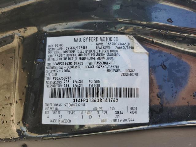 3FAFP31363R181762 - 2003 FORD FOCUS ZX3 BLACK photo 12