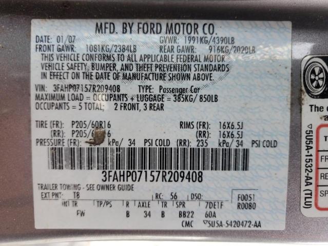 3FAHP07157R209408 - 2007 FORD FUSION SE GRAY photo 12