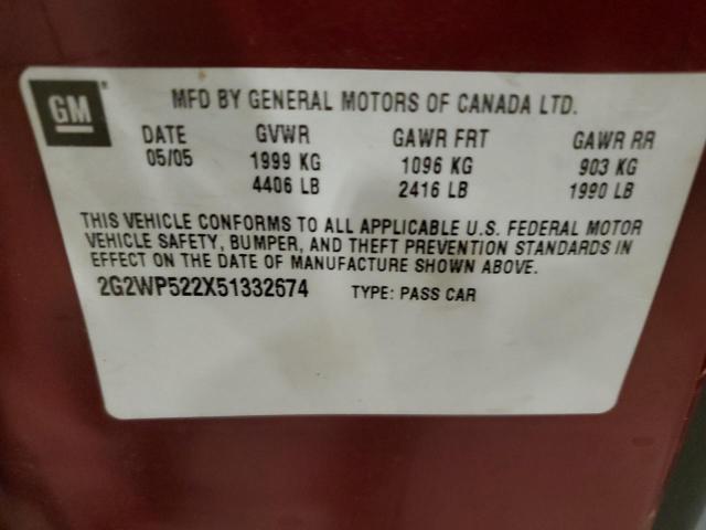 2G2WP522X51332674 - 2005 PONTIAC GRAND PRIX 栗色 照片 12