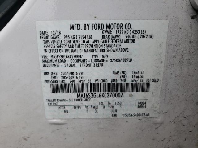 MAJ6S3GL6KC270007 - 2019 FORD ECOSPORT SE WHITE photo 12