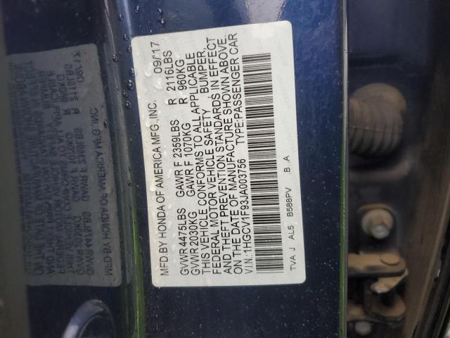 1HGCV1F93JA003756 - 2018 HONDA ACCORD TOURING BLUE photo 12