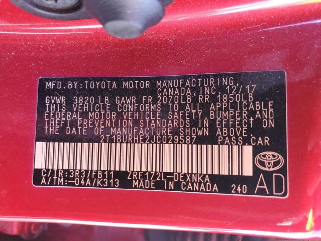 2T1BURHE2JC029587 - 2018 TOYOTA COROLLA L RED photo 13