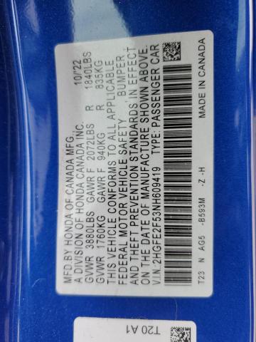 2HGFE2F53NH609419 - 2022 HONDA CIVIC SPORT 蓝色 照片 13