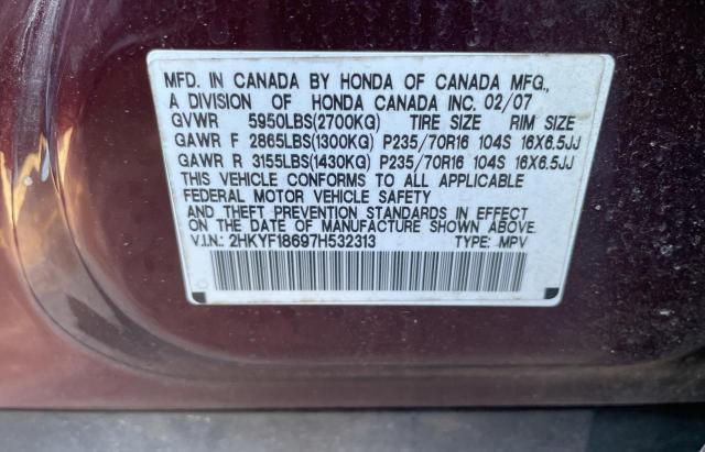 2HKYF18697H532313 - 2007 HONDA PILOT EXL BURGUNDY photo 10
