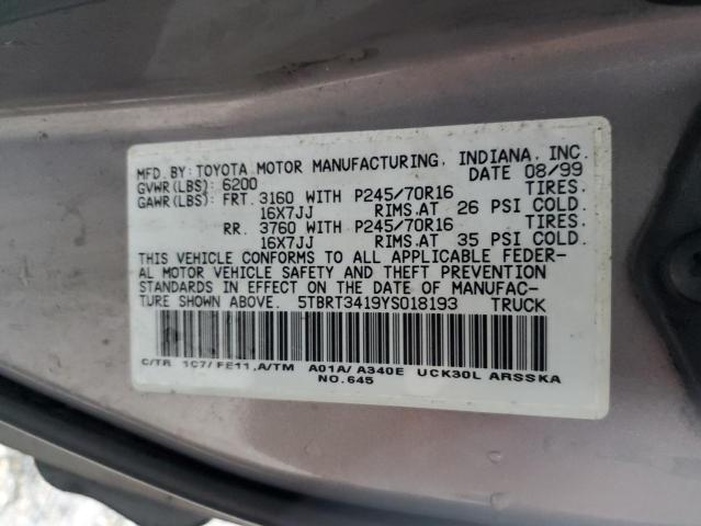 5TBRT3419YS018193 - 2000 TOYOTA TUNDRA ACCESS CAB ნაცრისფერი ფოტო 12