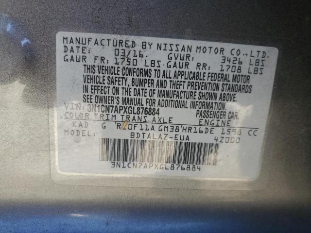 3N1CN7APXGL876884 - 2016 NISSAN VERSA S GRAY photo 12