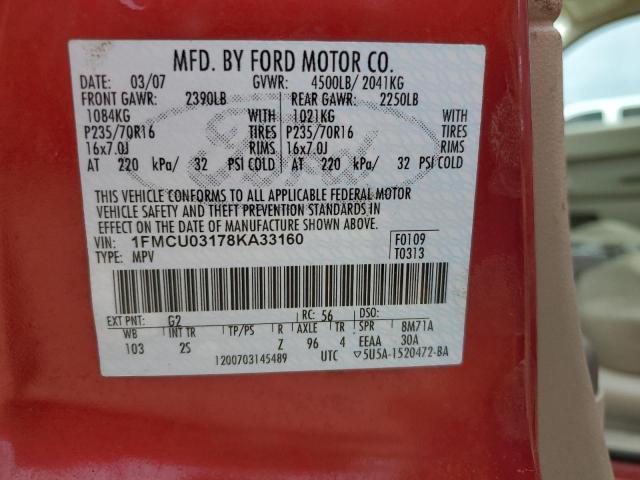 1FMCU03178KA33160 - 2008 FORD ESCAPE XLT RED photo 13