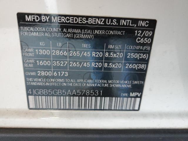 4JGBB5GB5AA578531 - 2010 MERCEDES-BENZ ML 350 WHITE photo 13