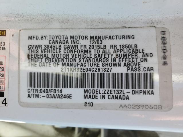 2T1KR32E04C261827 - 2004 TOYOTA COROLLA MA XR WHITE photo 12