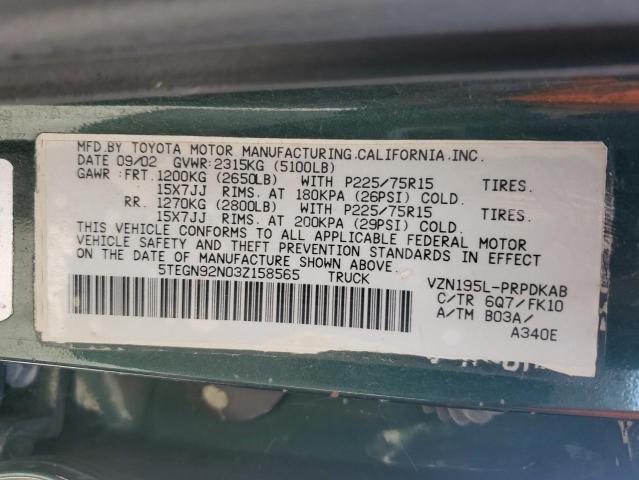 5TEGN92N03Z158565 - 2003 TOYOTA TACOMA DOUBLE CAB PRERUNNER GREEN photo 12