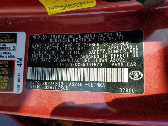 4T4BF3EKXBR194679 - 2011 TOYOTA CAMRY BASE RED photo 13