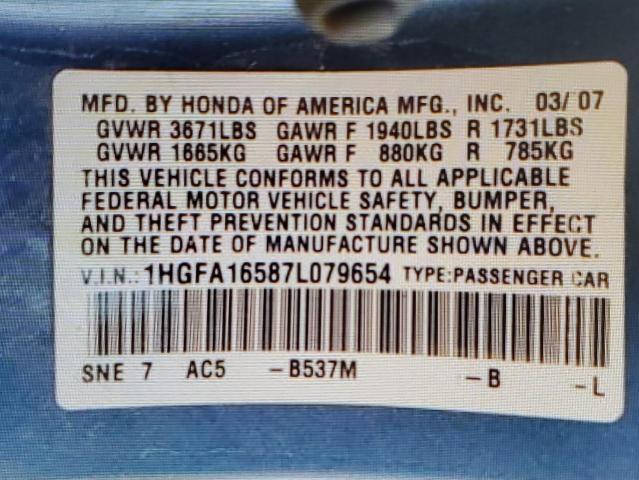 1HGFA16587L079654 - 2007 HONDA CIVIC LX BLUE photo 12