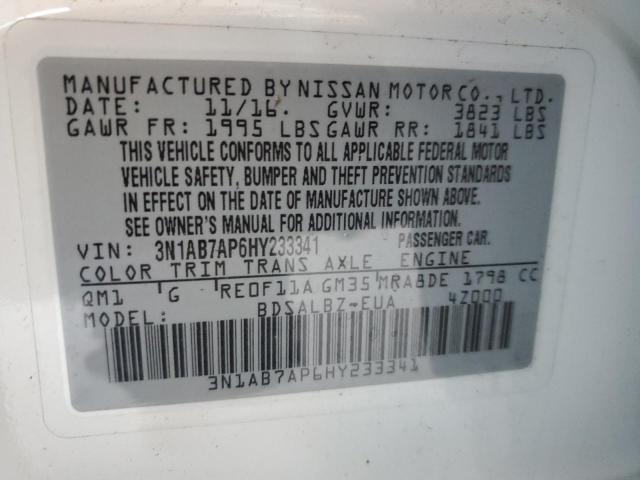 3N1AB7AP6HY233341 - 2017 NISSAN SENTRA S WHITE photo 12