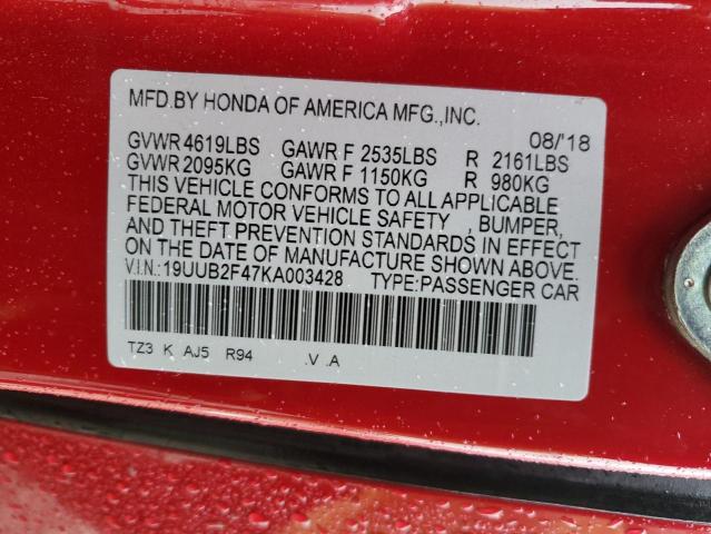 19UUB2F47KA003428 - 2019 ACURA TLX TECHNOLOGY RED photo 13