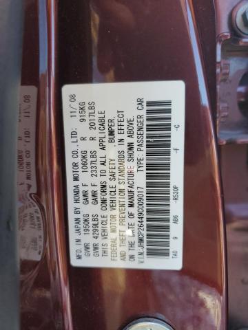 JHMCP26449C009017 - 2009 HONDA ACCORD LXP MAROON photo 12