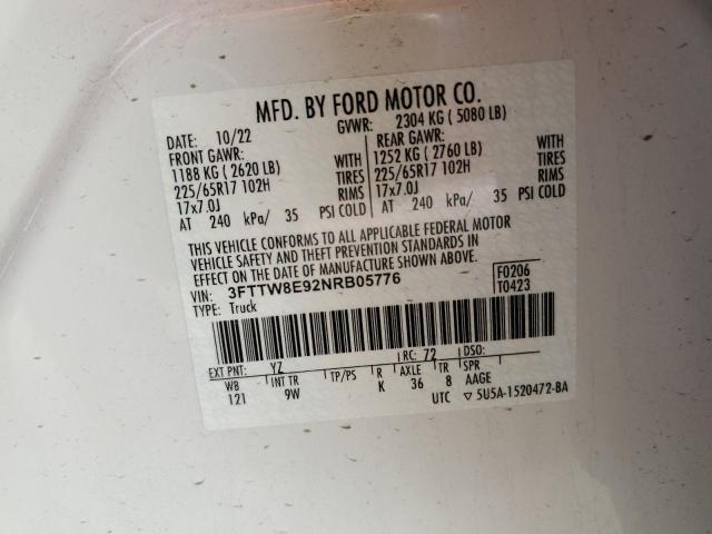 3FTTW8E92NRB05776 - 2022 FORD MAVERICK XL WHITE photo 12