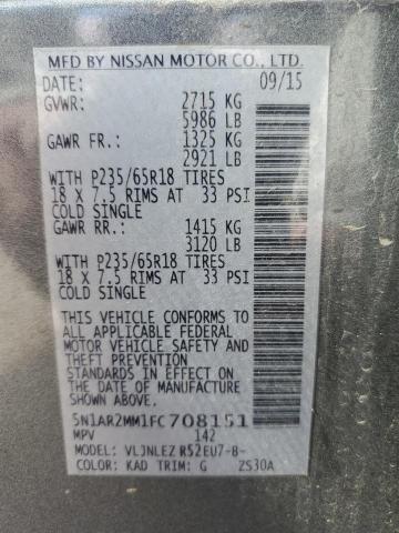 5N1AR2MM1FC708151 - 2015 NISSAN PATHFINDER S GRAY photo 13