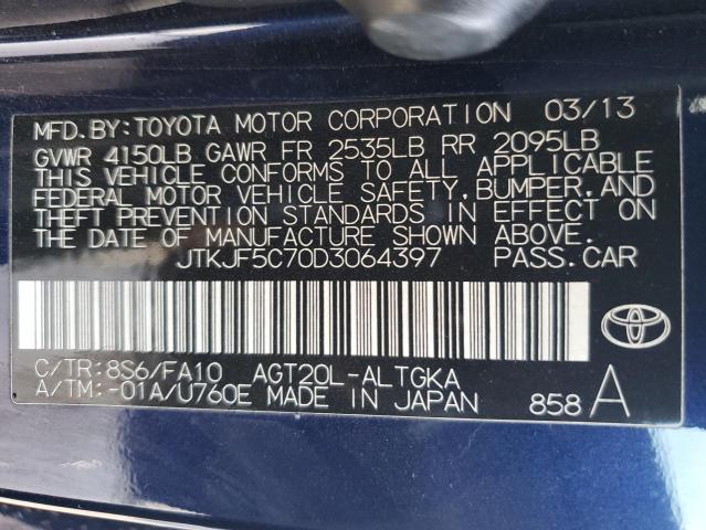 JTKJF5C70D3064397 - 2013 TOYOTA SCION TC BLUE photo 12