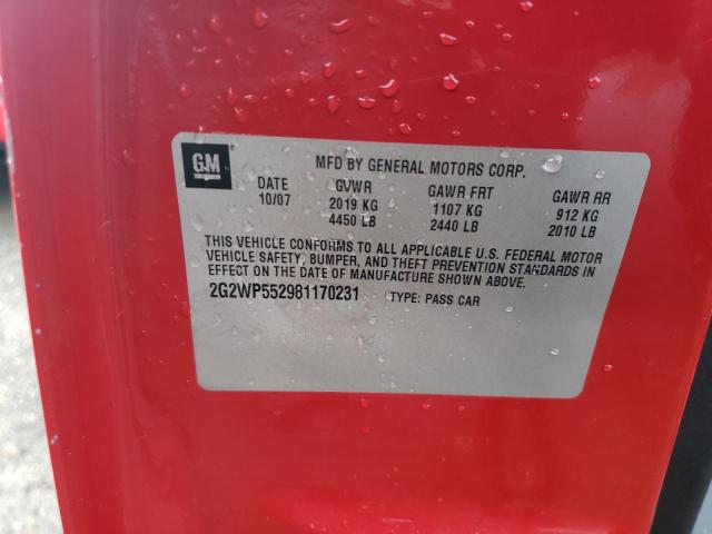 2G2WP552981170231 - 2008 PONTIAC GRAND PRIX 勃艮第红 照片 12