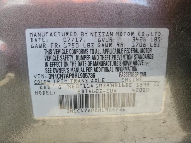 3N1CN7AP8HL905736 - 2017 NISSAN VERSA S GRAY photo 12