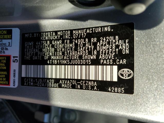 4T1B11HK5JU003015 - 2018 TOYOTA CAMRY L SILVER photo 12