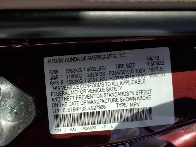 5J8TB4H33JL027966 - 2018 ACURA RDX MAROON photo 13