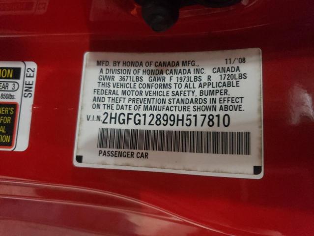 2HGFG12899H517810 - 2009 HONDA CIVIC EX RED photo 12