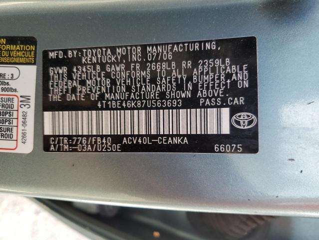 4T1BE46K87U563693 - 2007 TOYOTA CAMRY CE GREEN photo 13