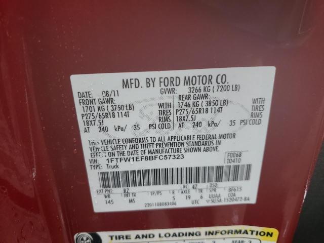 1FTFW1EF8BFC57323 - 2011 FORD F150 SUPERCREW RED photo 12