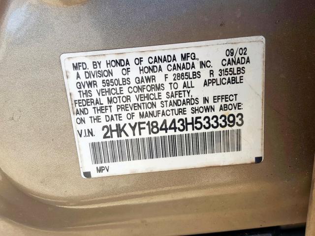 2HKYF18443H533393 - 2003 HONDA PILOT EX GOLD photo 10