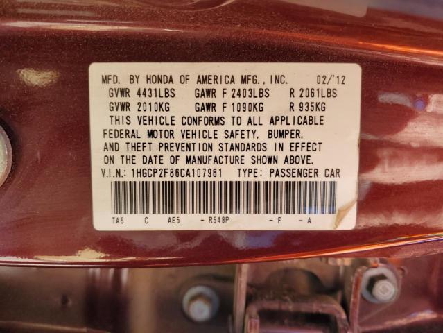 1HGCP2F86CA107961 - 2012 HONDA ACCORD EXL MAROON photo 12